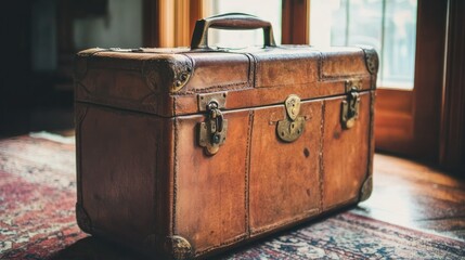 Vintage Leather Suitcase with Brass Hardware on a Rug