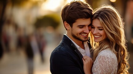 Naklejka premium Happy couple embracing outdoors during sunset with warm light creating a romantic atmosphere