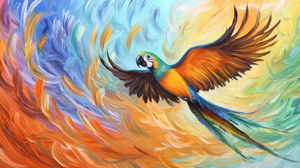 Obraz premium A lively parrot flying through an explosion of colors, feathers blending into the background in artistic strokes.
