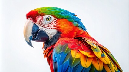 Fototapeta premium Vibrant Colorful Macaw Perched Elegantly Against a Clean White Background, Showcasing Its Stunning Plumage and Unique Features in Minimalist Style