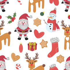 Merry Christmas seamless pattern with Santa Claus, heart, reindeer, stockings, gift boxes, gingerbread cookies on white background. Hand drawn vector illustration in flat style. Wrapping paper, design