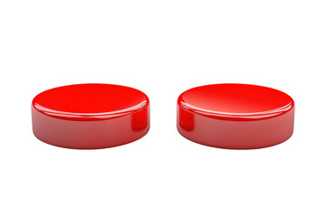 Two glossy red buttons with a smooth surface and rounded shape, positioned closely together.