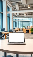Fototapeta premium Laptop with White Mockup Screen in Office Setting