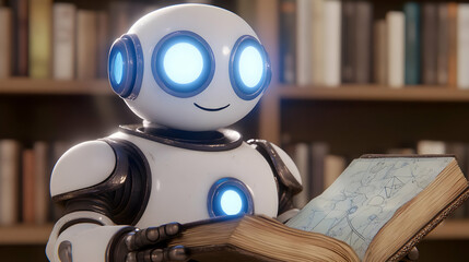 Magical Illustration of an AI Automaton Assisting with a Book