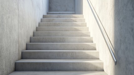 Fototapeta premium Contemporary staircase with smooth concrete steps, a thin metal railing, and a subtle texture on the walls for a modern look