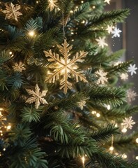 Obraz premium Sparkling snowflakes fall gently on a decorated Christmas tree , decorations, festive