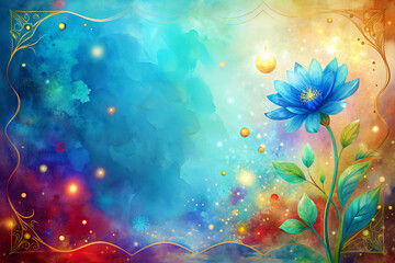Tranquil Blue Flower with Abstract Watercolor Background and Sparkling Light Effects