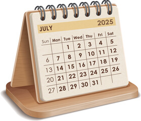 Illustration vector of July 2025 WOODEN and cardboard desktop Calendar