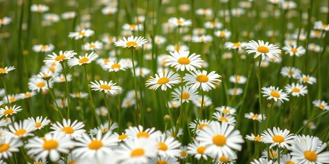 Tall green daisies sway gently in the breeze amidst a sea of white daisies, daisies, field, meadow
