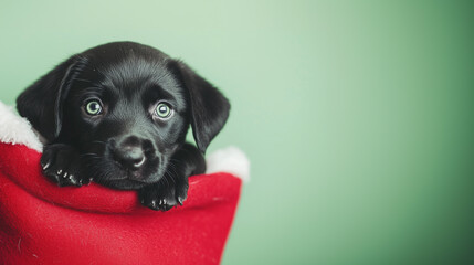 Cute black labrador puppy in a christmas stocking