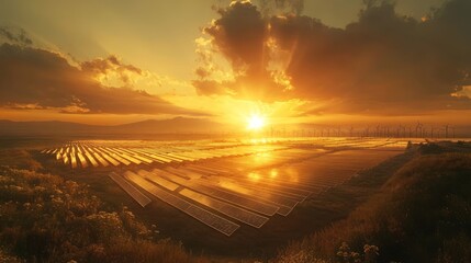 peak energy  technology. A breathtaking sunset over a vast agricultural landscape, highlighting rows of crops and reflecting warm hues in the sky.