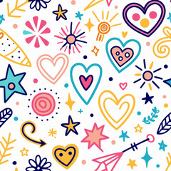 Colorful doodle pattern with hearts, stars, flowers, and other whimsical shapes on white background.