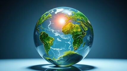 Crystal earth on ferns in green grass forest with sunlight. Environment,