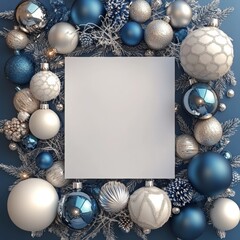 Festive Blue and Silver Ornaments Beautifully Arranged in a Seasonal Display Ready for Holiday Celebrations