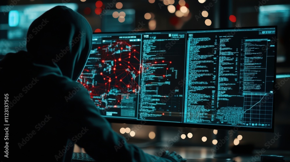 Aufkleber Tech-savvy individual in a hoodie analyzes complex network data on multiple computer screens in a dimly lit room with vibrant bokeh lights in the background
