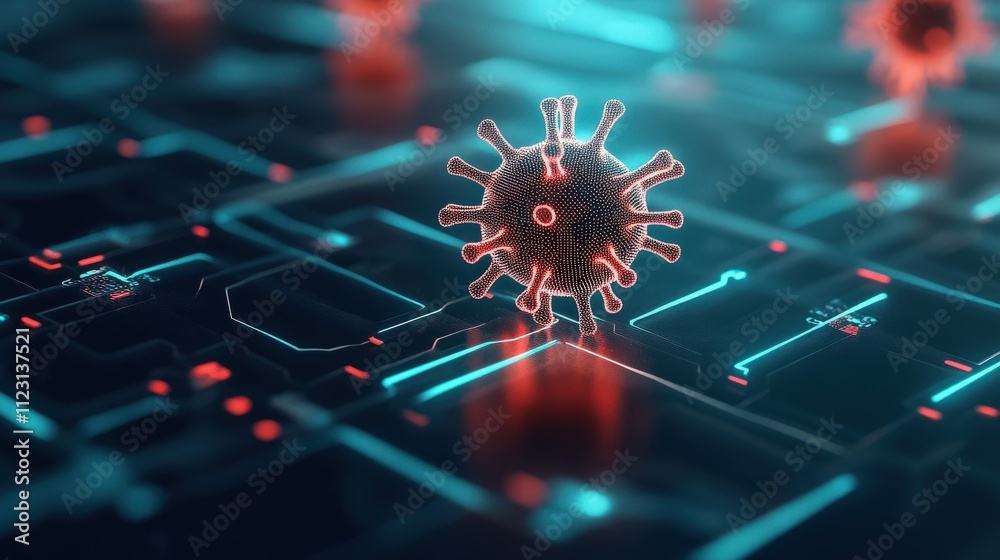 Poster Digital Visualization of Viral Particle on High-Tech Circuit Board Background, Illustrating Epidemic Impact on Technology and Health, With Colorful Neon Effects