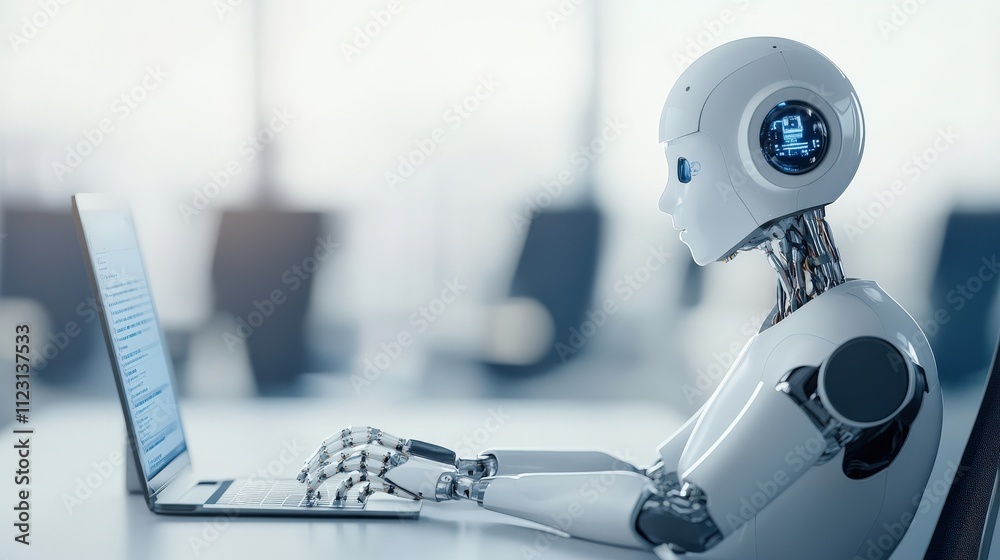 Poster Futuristic Robot Working on a Laptop in a Modern Office Environment, Representing the Integration of Technology and Artificial Intelligence in Daily Tasks
