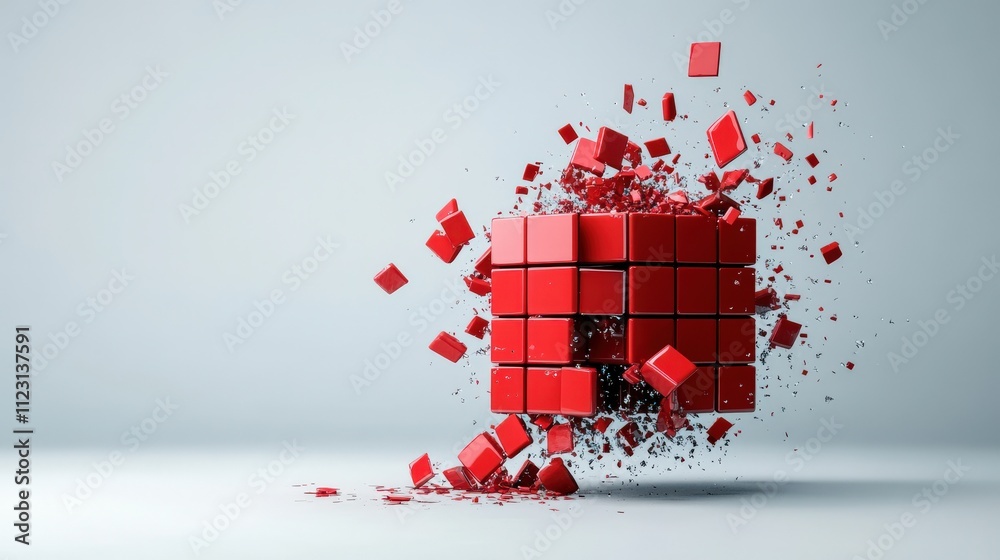 Aufkleber Exploding Red Cube with Bright Shards and Pieces Flying in Dynamic Motion Against a Soft Gray Background Ideal for Abstract Conceptual Illustrations
