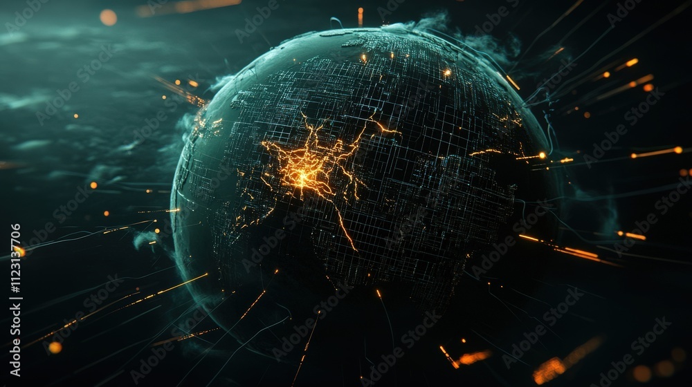 Poster Futuristic Digital Globe with Light Trails Representing Connectivity and Globalization in Dark Environment for Technology and Network Themes