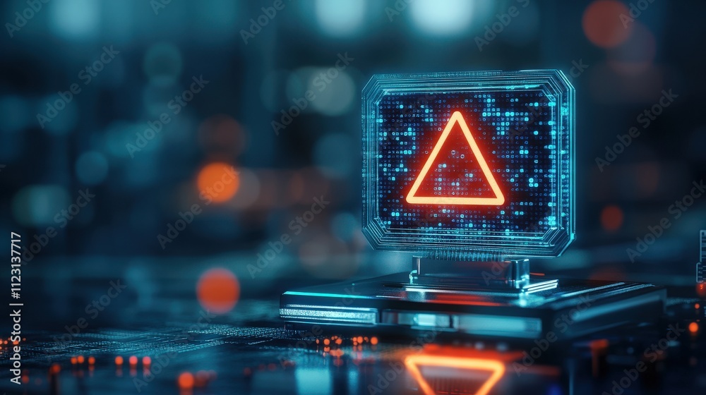 Poster Futuristic Warning Sign on Computer Monitor with Neon Glow in High-Tech Digital Environment Featuring Bright Red Triangle and Abstract Data Patterns