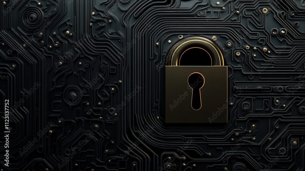 Poster Intricate Black Circuit Board Design Featuring a Golden Padlock Symbolizing Digital Security and Protection Against Cyber Threats in a Modern Context