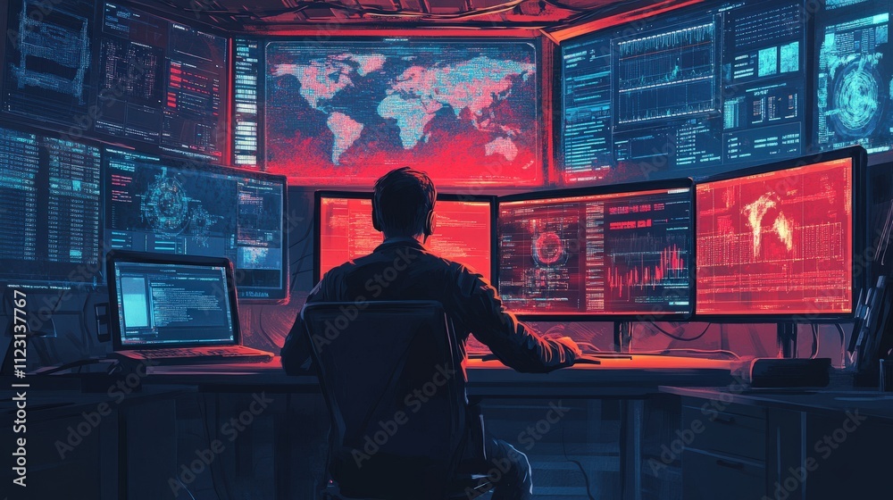 Poster Futuristic Cybersecurity Analyst Working Late at Night Surrounded by Multiple High-Tech Monitors Displaying Global Data and Graphs