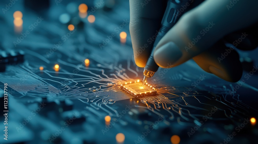 Aufkleber Close-Up of a Hand Holding a Pen Working on a Computer Circuit Board with Illuminated Microchip and Electronic Components in a Dark Environment