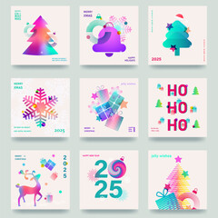 A large set of colorful cards, flyers, posters for the New Year 2025. Christmas greetings. Modern minimalist style. Gradient colors. Vector