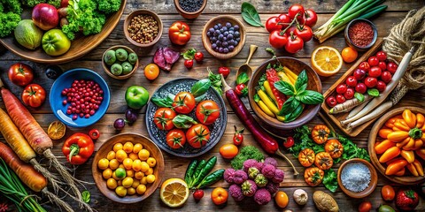 Fototapeta premium Vibrant Food Photography for Dynamic Opener Creative Intro Featuring Colorful Ingredients and Plates Arranged in a Stunning Way to Capture Attention in Culinary Presentations