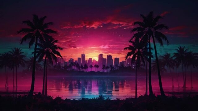 Vintage neon retro-futuristic synthwave landscape animation, 80s Miami-style palm trees sunset background, retro 3D glowing synthwave landscape motion, 4K lofi loop hip-hop Animation Video