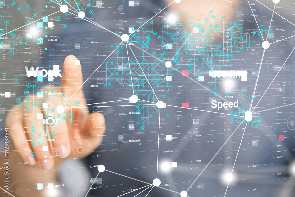 Poster Neural network 3D illustration. Big data and cybersecurity