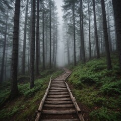 Fototapeta premium A narrow, rustic trail disappearing into the heart of a foggy forest.