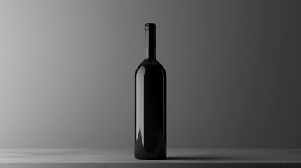 Sleek black wine bottle on gray minimal background.	