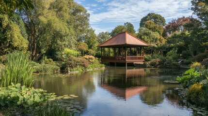Obraz premium Serene Garden Pavilion Reflecting in Calm Water Under Blue Sky