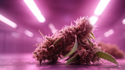 Harvested cannabis buds laid out prominently under subtle pink lighting, emphasizing their dense and frosty texture, suitable for commercial or medical use.