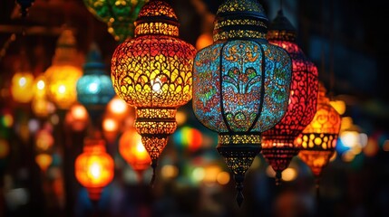 Colorful Moroccan lanterns glowing at night market.