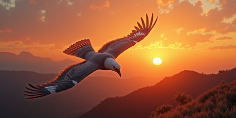 Obraz premium Majestic eagle soaring over mountains at golden sunset