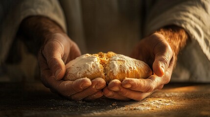 Hands gently holding bread in warm light, symbolizing faith and provision