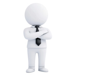 A stylized figure with a spherical head, wearing a suit and tie, stands confidently with arms crossed.