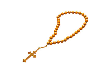 Fototapeta premium A gold rosary with round beads and a crucifix pendant.