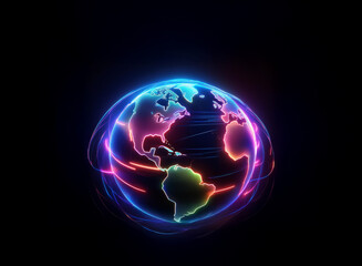 A vibrant, glowing digital Earth encircled by neon energy streams, representing global connection and technological advancement.  The dark background emphasizes the luminescence.