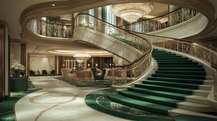 Luxurious reception area featuring a curved green and cream staircase, intricate railings, and an elegant chandelier centerpiece