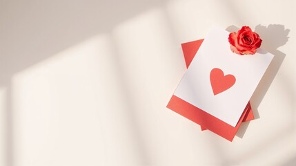 Obraz premium Minimalist red and white Valentine's Day card, elegant and modern, clean white surface with envelope, with copy space 