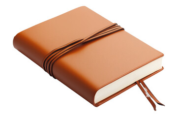 A stylish brown leather notebook closed with a decorative strap, featuring a smooth cover and a ribbon bookmark.