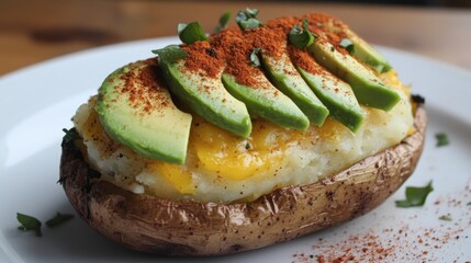 Baked Potato Topped with Avocado Slices and Spices on White Plate