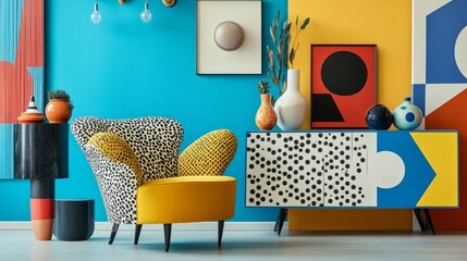 Obraz premium Memphis design interior showcasing a funky armchair, colorful console, and eclectic props in geometric shapes and bright colors