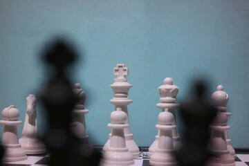 chess pieces arranged on a board. selective focus. game, strategy and business concepts