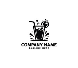 Vector fruit juice line logo design. Drink fruit juice logo. Cocktail logo with glass straw, Orange
