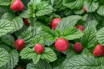 Fresh, Ripe, Red Strawberries Growing on a Leafy, Green Plant in a Sunny Garden Setting