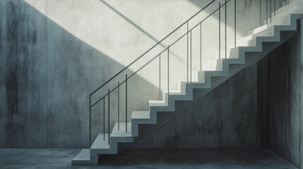 Obraz premium Minimalist staircase with a soft gray palette, simple steel railing, and textured concrete steps in a contemporary setting